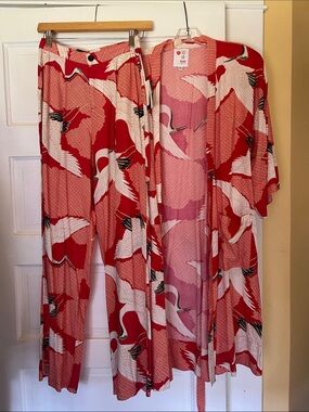 Roark Bright Red Crane Print Pic Pant Set
